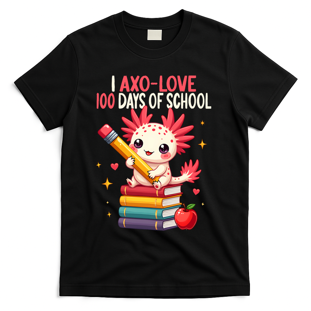 100 Days Of School For Girl 100th Day Of School Axolotl T-Shirt - Black