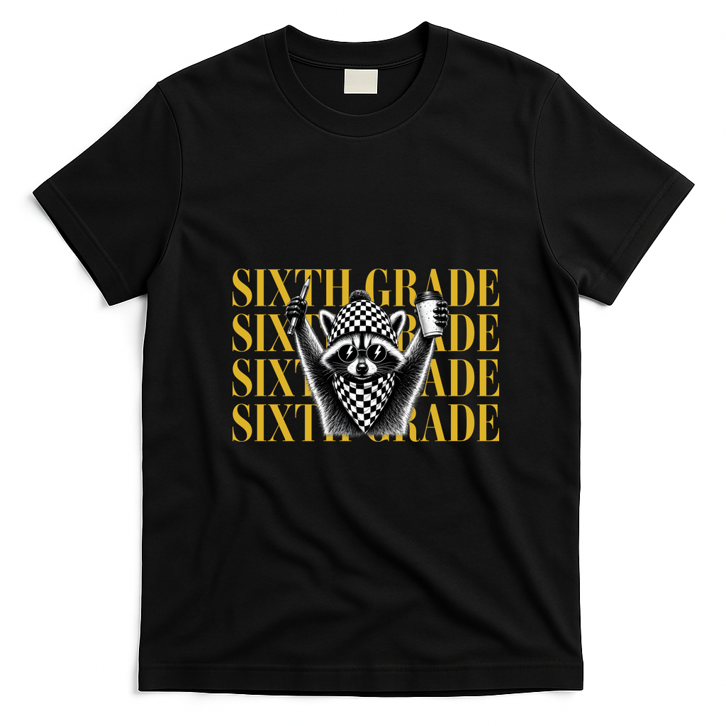 6th Six Grade Funny Raccoon Back To School T-Shirt - Black