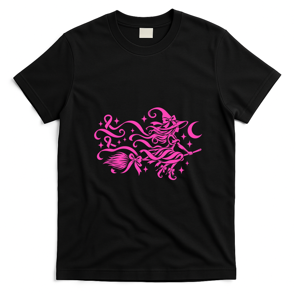 Breast Cancer Awareness Witch On Broom Halloween Pink Ribbon T-Shirt - Black