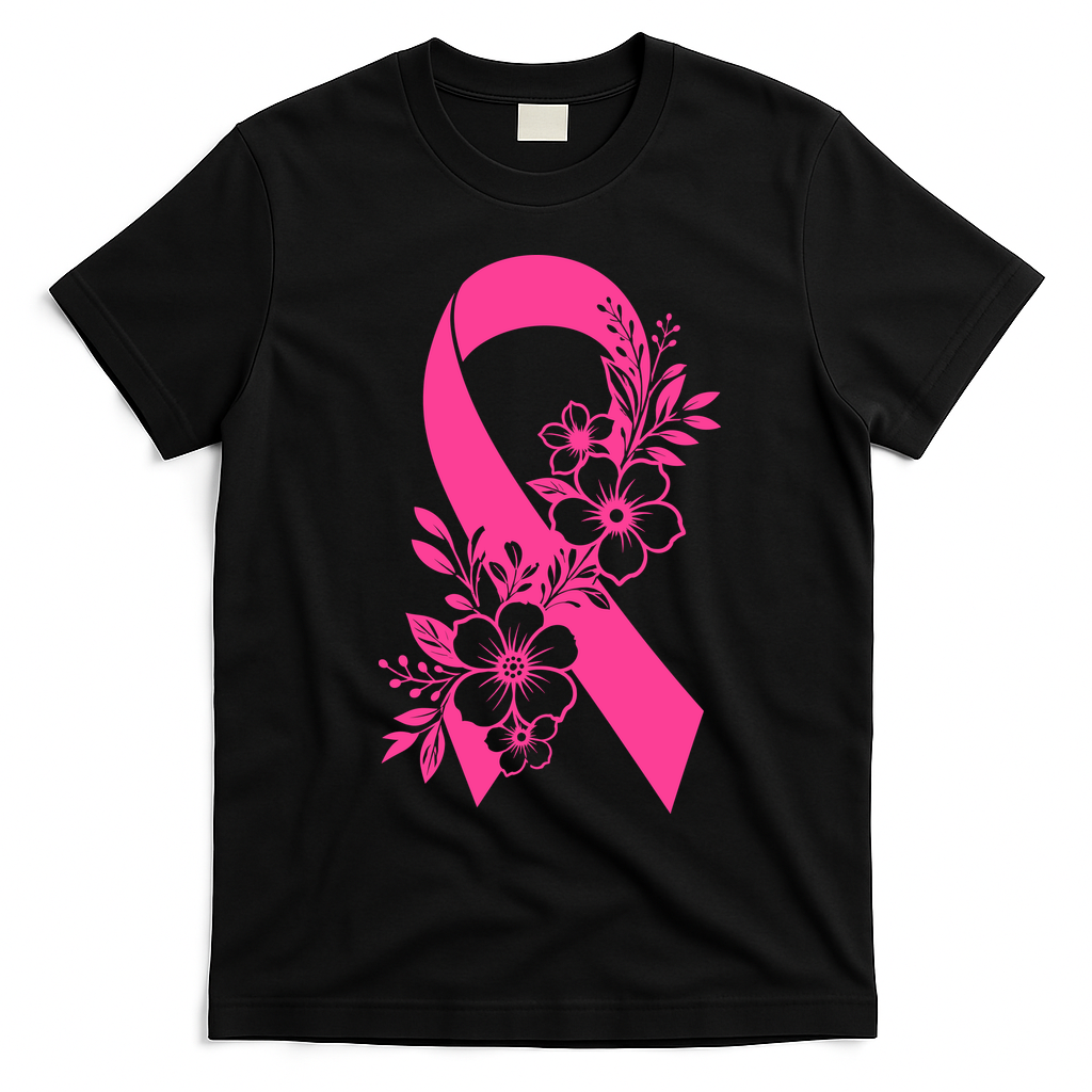 Breast Cancer Survivor Support Gift October Floral Pink Ribbon T-Shirt - Black