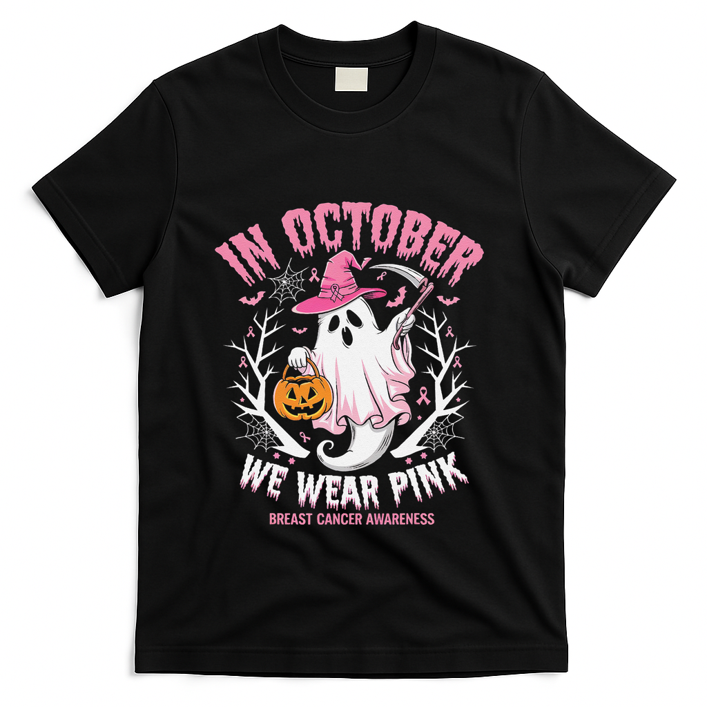 Breast Cancer Women Halloween Ghost In October We Wear Pin.K T-Shirt - Black