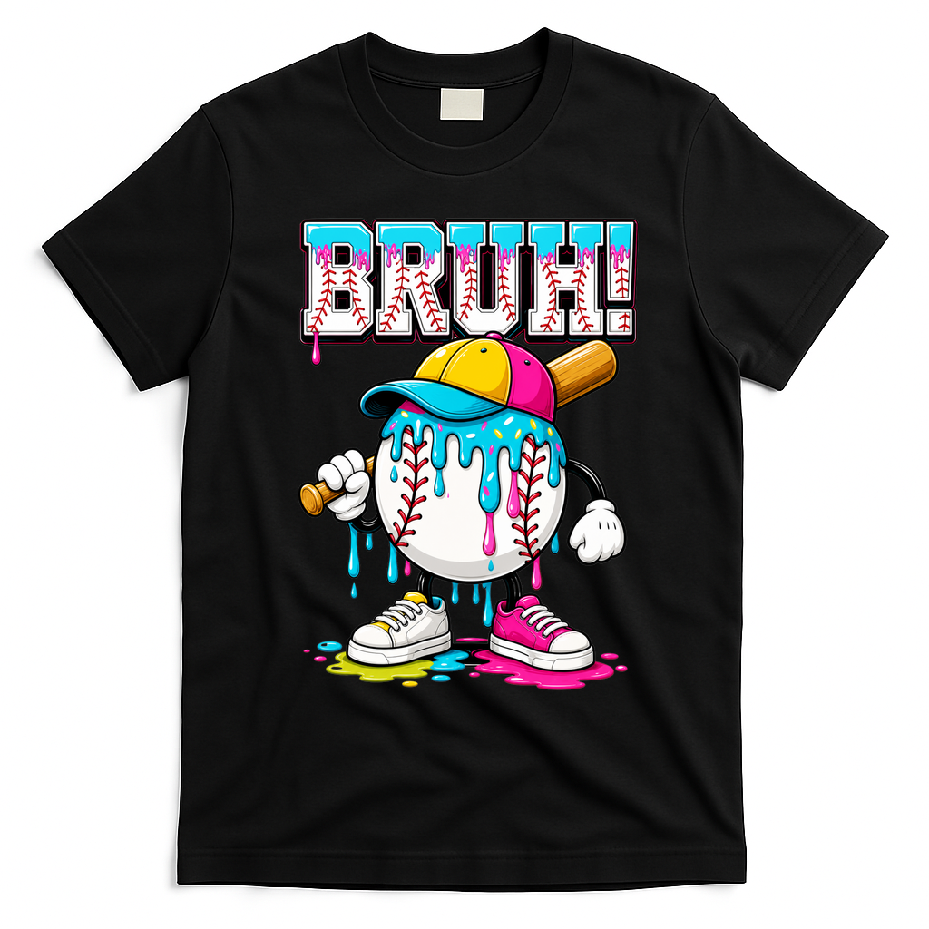 Baseball Drip Bruh Ice Cream Meme For Son Grandson T-Shirt - Black