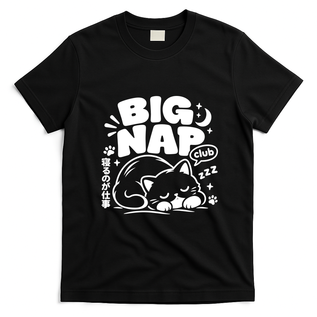Big Nap Club Fluffy Cat T-Shirt - Black