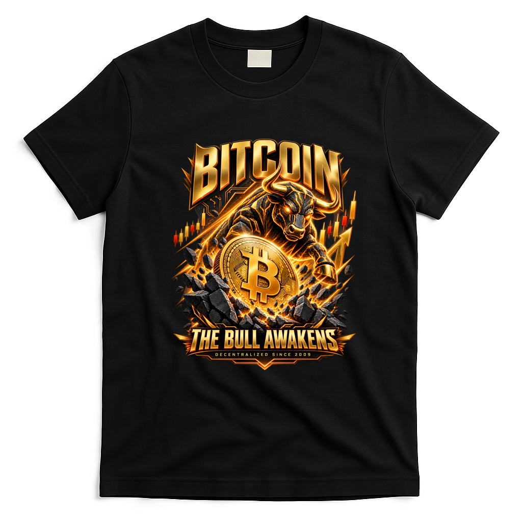 Bitcoin The Bull Awakens Cryptocurrency Bull Market Art T-Shirt - Black