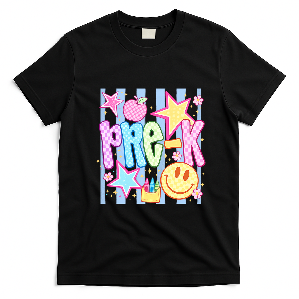 Back To School Colorful Pre K Checkered Teacher T-Shirt - Black