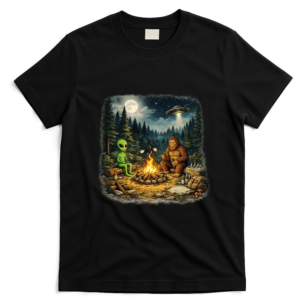 Camping Aliens Bigfoot UFO Campfire Adventure T-Shirt - Black