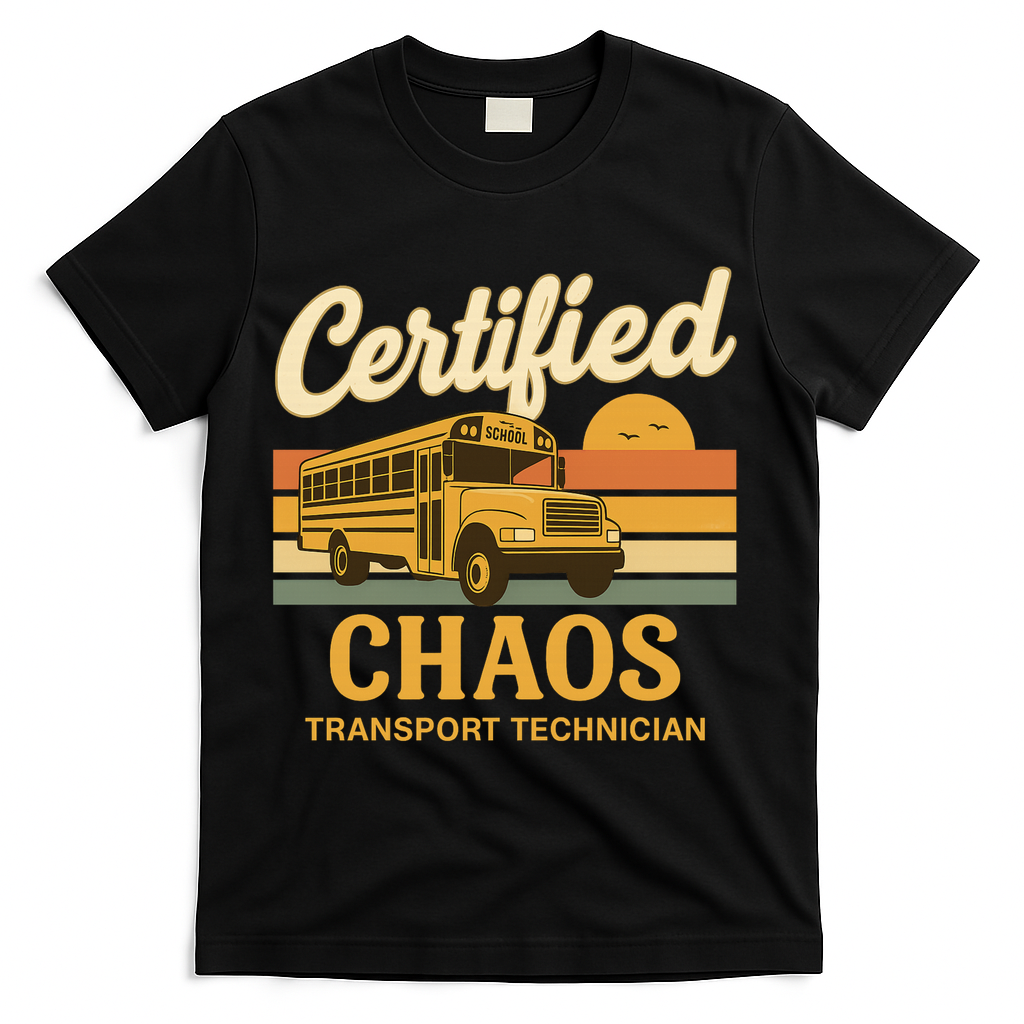 Certified Chaos Transport Technician School Bus Driver Funny T-Shirt - Black