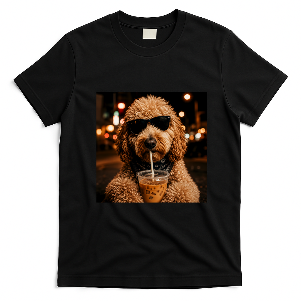 Cool Dog Sipping Iced Coffee with Sunglasses T-Shirt - Black