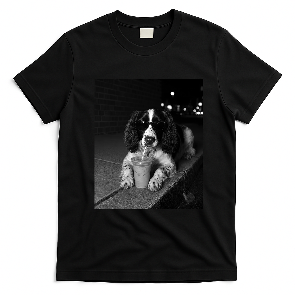 Cool Dog with Sunglasses and Iced Coffee Vibes T-Shirt - Black