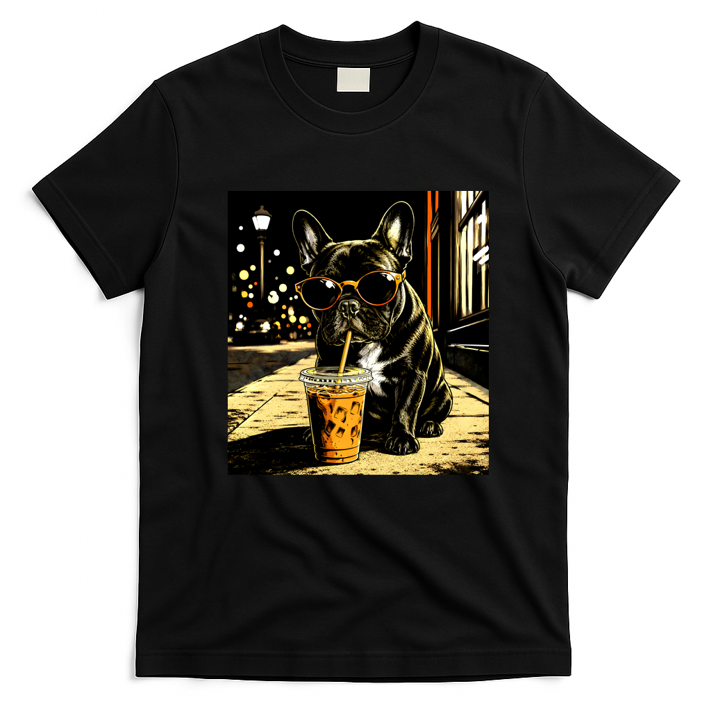 Cool French Bulldog Iced Coffee And Sunglasses T-Shirt - Black