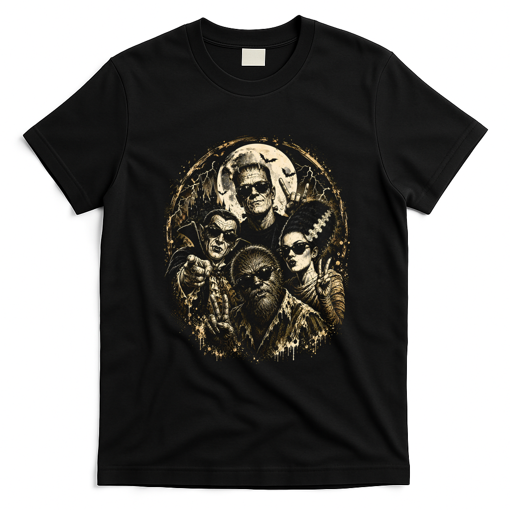 Classic Monsters in Sunglasses Halloween Party Vibes T-Shirt - Black