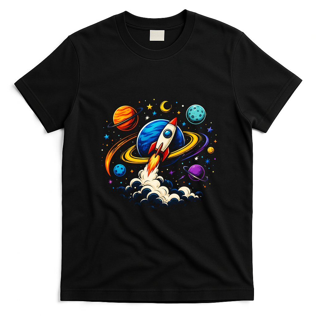 Cute Rocket Launching Into Space Adventure Gift T-Shirt - Black