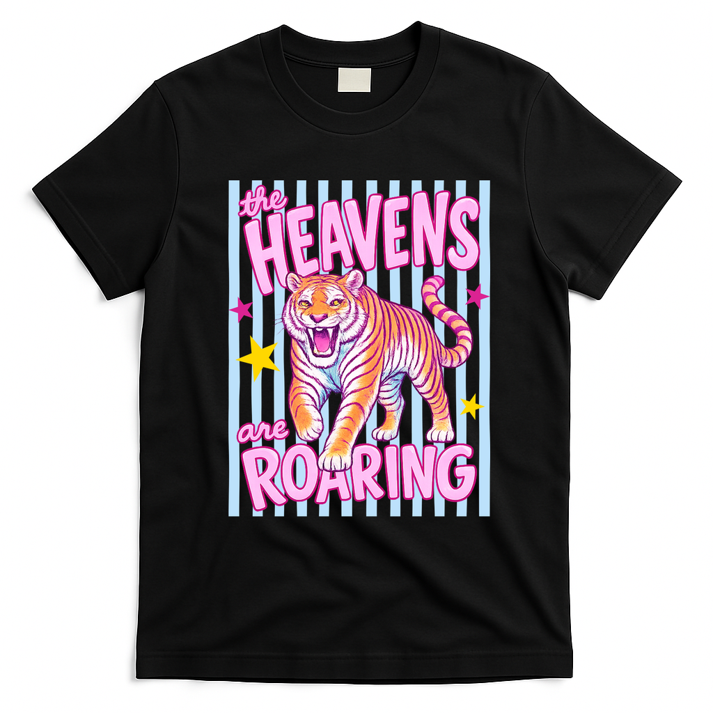 Colorful Tiger Heavens Roaring Quote Retro T-Shirt - Black