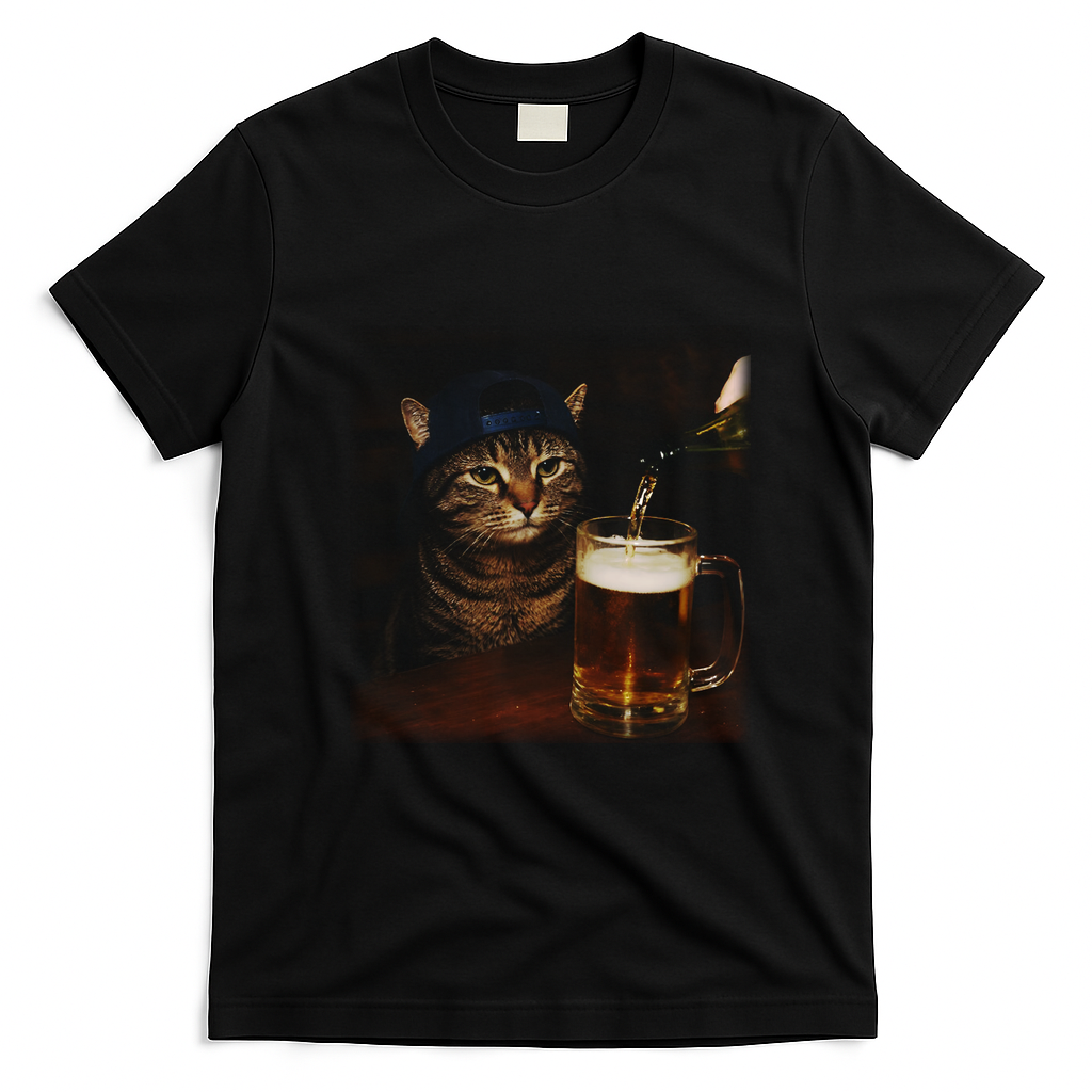 Cat Wearing Hat Getting Beer Poured Unimpressed Tabby T-Shirt - Black