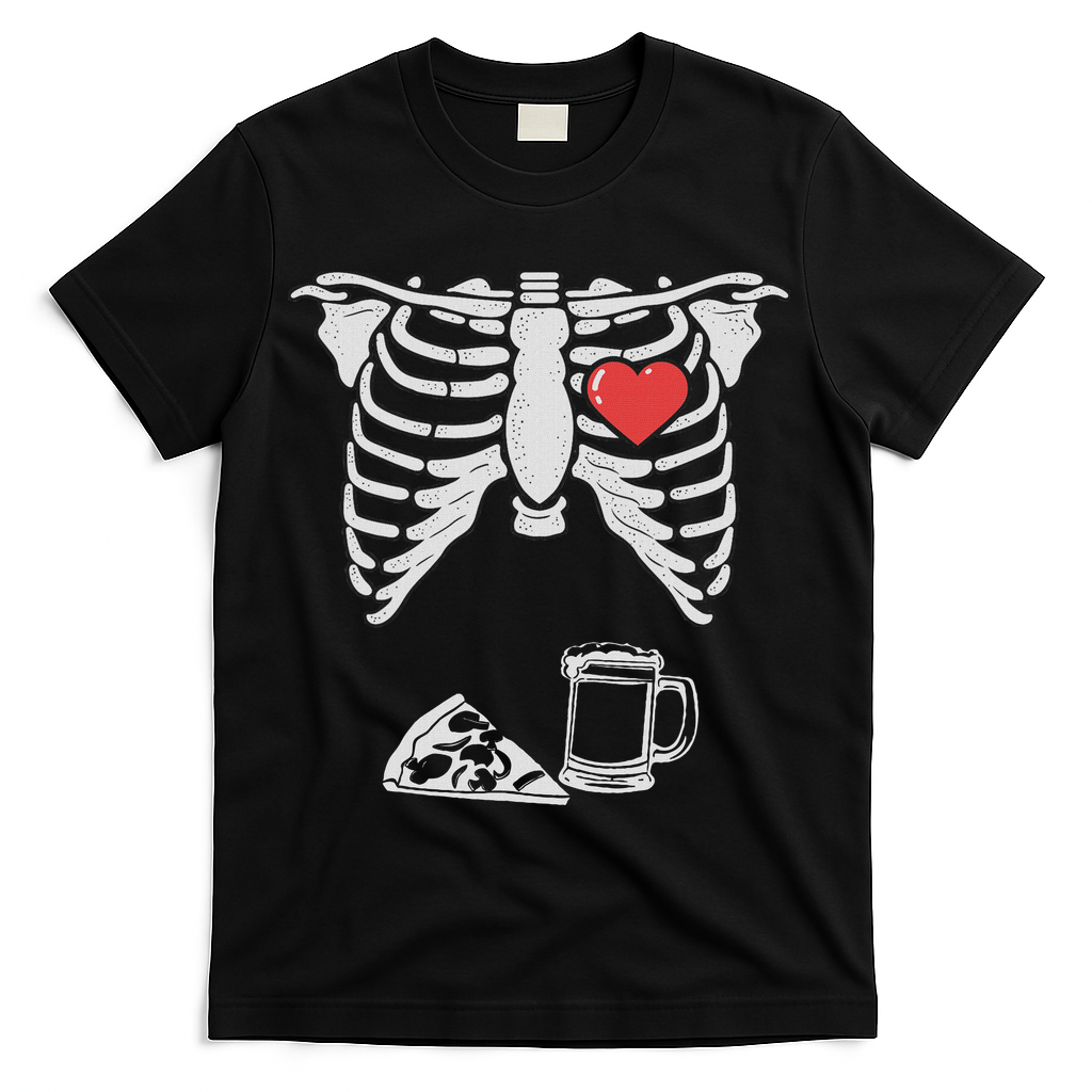 Dad Skeleton Halloween Beer Pizza Funny Pregnancy Couple T-Shirt - Black