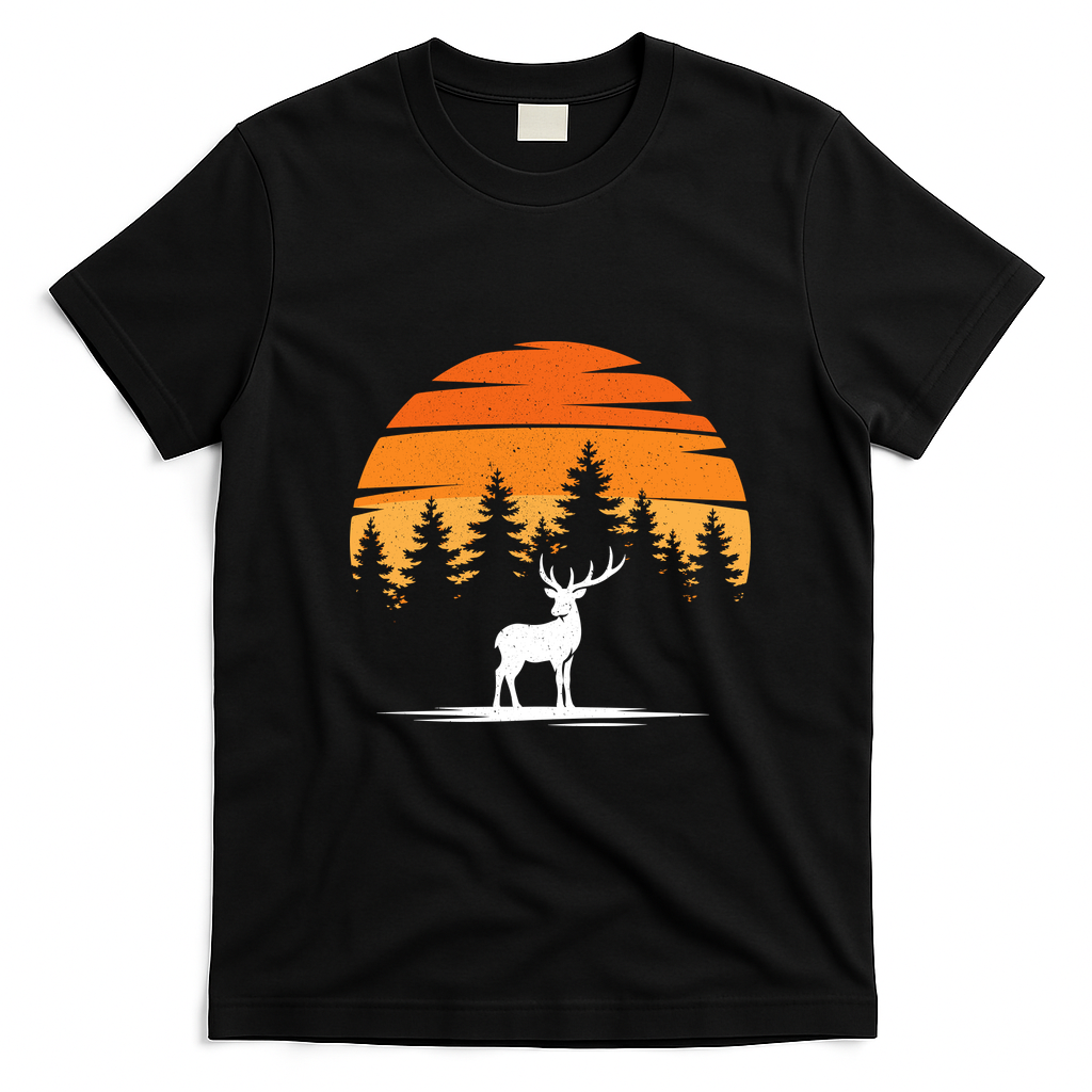Deer Sunset Mountain Scene Vintage Outdoor Retro T-Shirt - Black