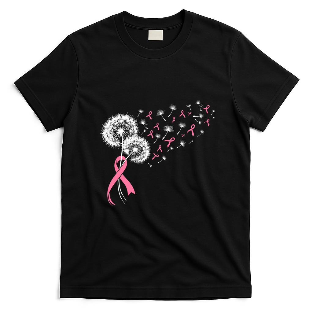 Dandelion Seeds Pink Ribbons Breast Cancer Awareness T-Shirt - Black