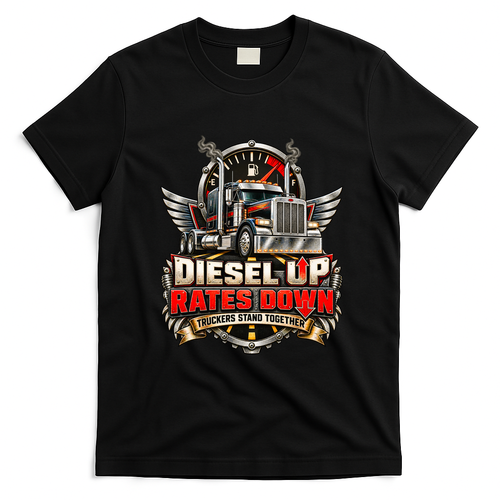Diesel Up Rates Down Trucking Community Support Truckers Strike T-Shirt - Black