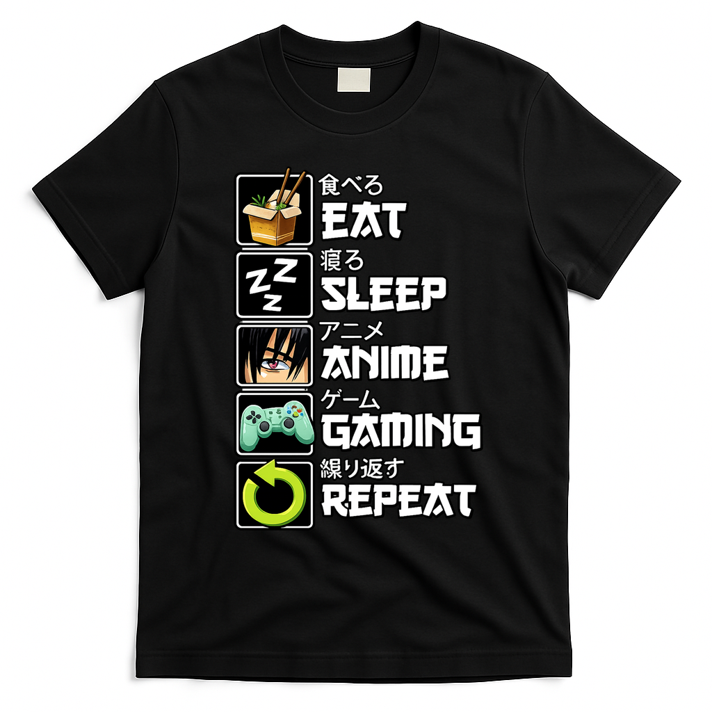 Eat Sleep Anime Gaming Repeat Kawaii Otaku Manga T-Shirt - Black