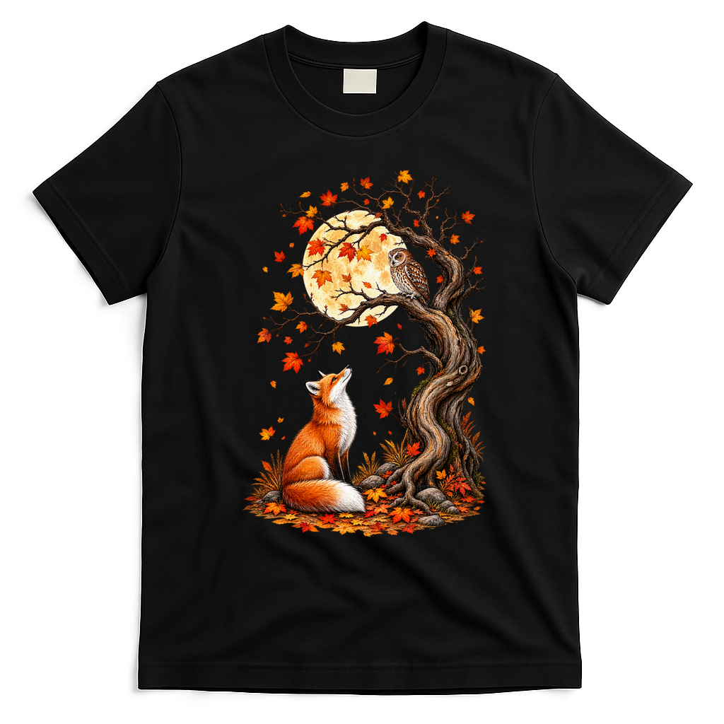 Fox And Owl Autumn Fall T-Shirt - Black