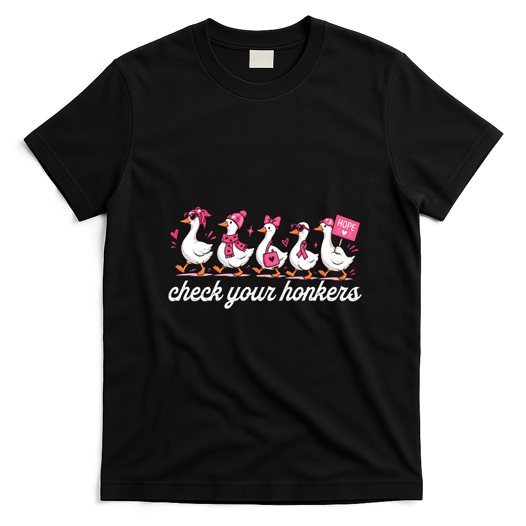 Funny Goose Breast Cancer Ducks Check Your Honkers T-Shirt - Black