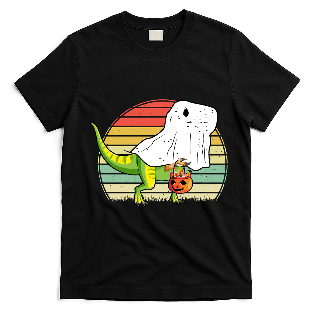 Funny Ghost Dinosaur Halloween Graphic T-Shirt - Black
