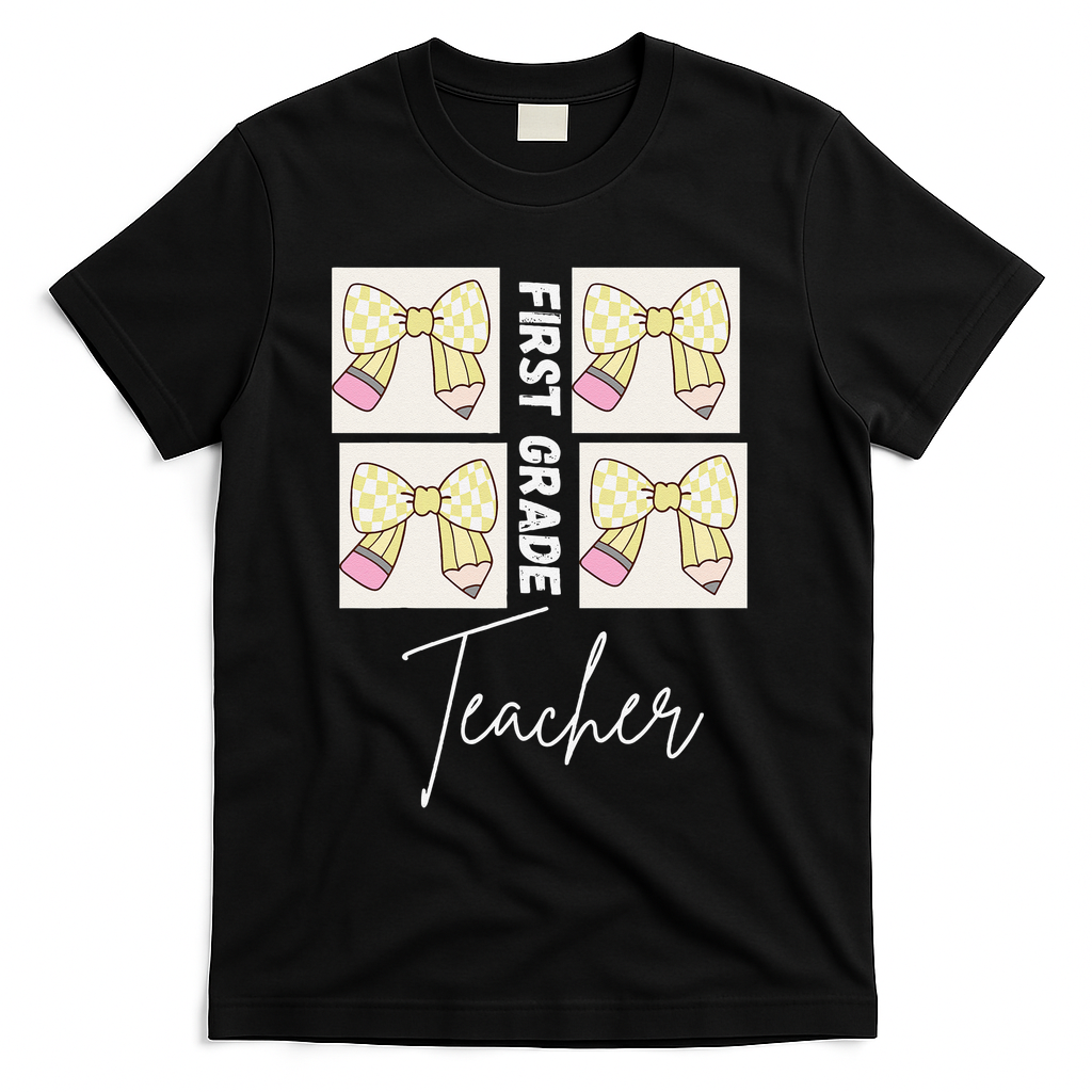 First Grade Teacher Checkered Grid Coquette Bow T-Shirt - Black