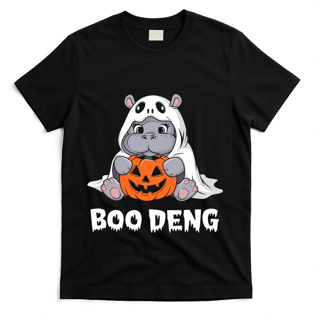 Funny Halloween Moo Deng Baby Hippo Boo Deng Ghost Costume T-Shirt - Black