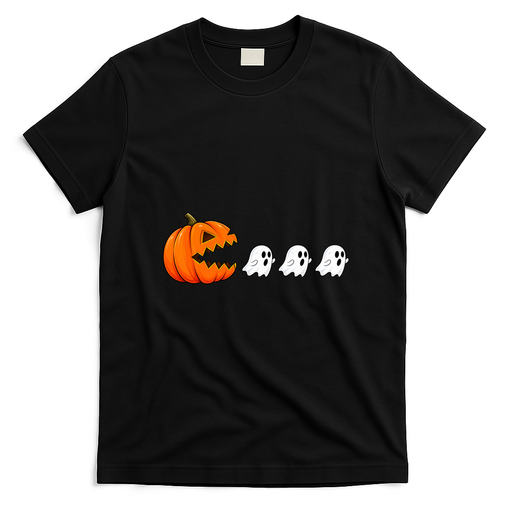 Funny Halloween Pumpkin Eating Ghost Gamer Retro Gaming T-Shirt - Black