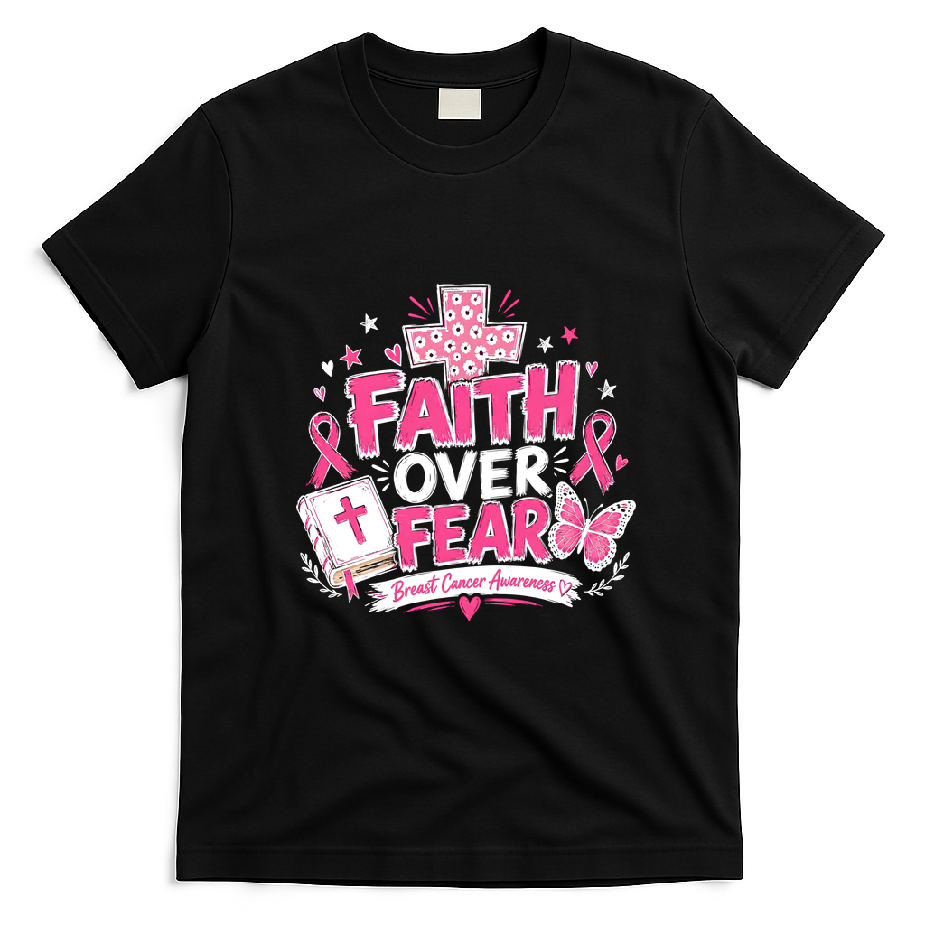 Faith Over Fear Breast Cancer Awareness Cross Bible T-Shirt - Black