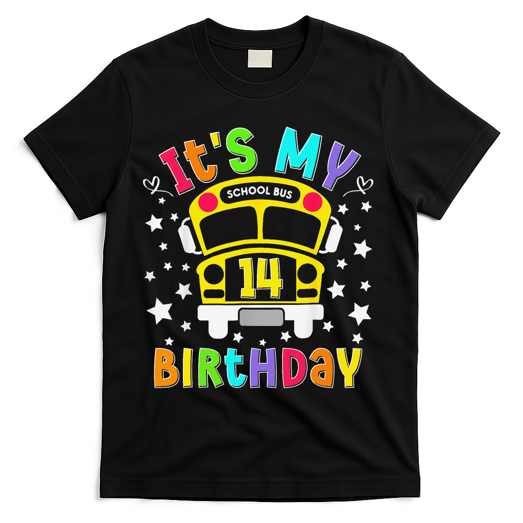 Funny School 14th Birthday Party School Bus Teacher Student T-Shirt - Black