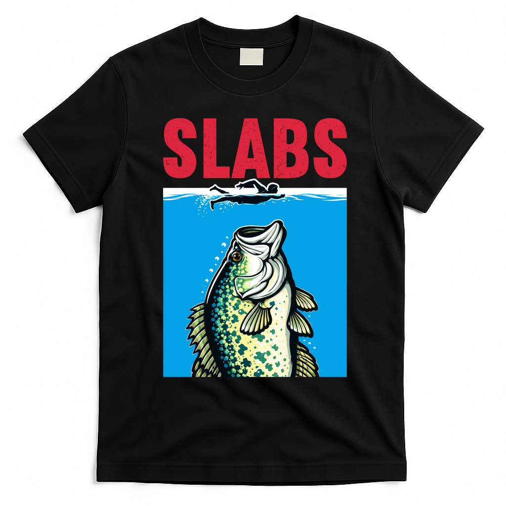 Funny Slabs Famous Shark Movie Parody Crappie Fishing T-Shirt - Black