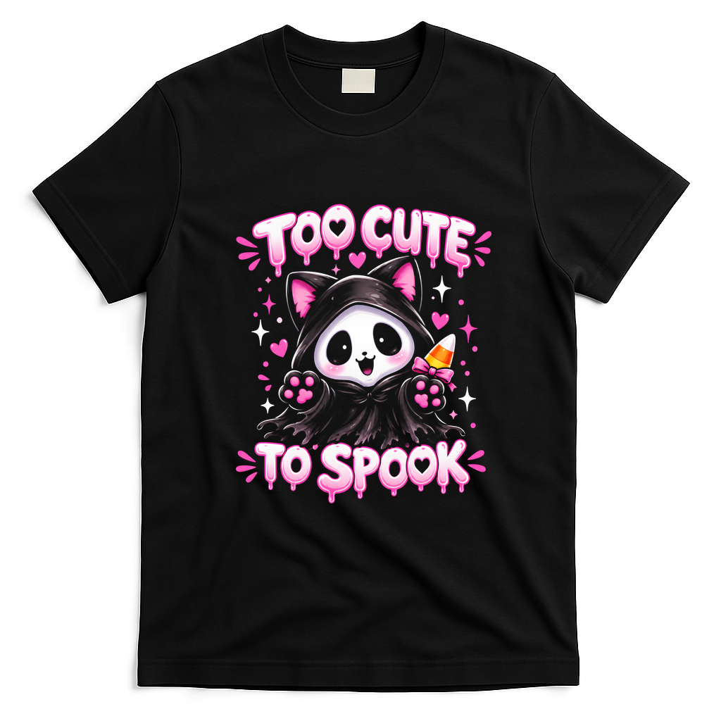 Funny Too Cute To Spook Halloween Panda Breast Cancer T-Shirt - Black