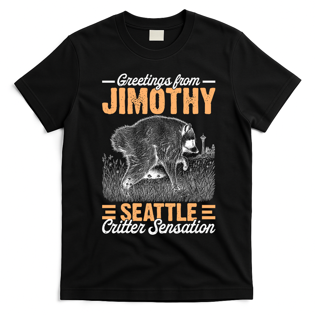 Greetings From Jimothy Seattle Critter Raccoon T-Shirt - Black
