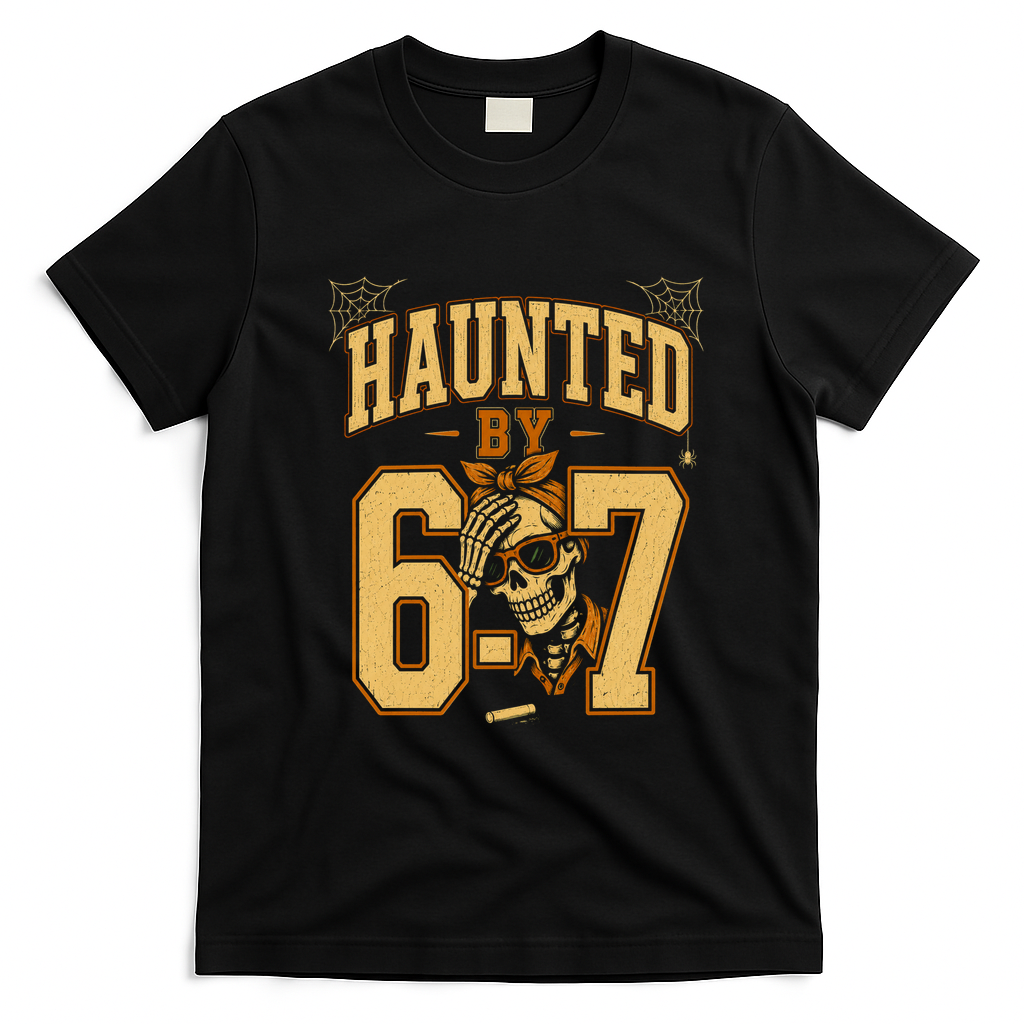 Haunted By 6-7 Skeleton Funny Halloween 67 Meme T-Shirt - Black