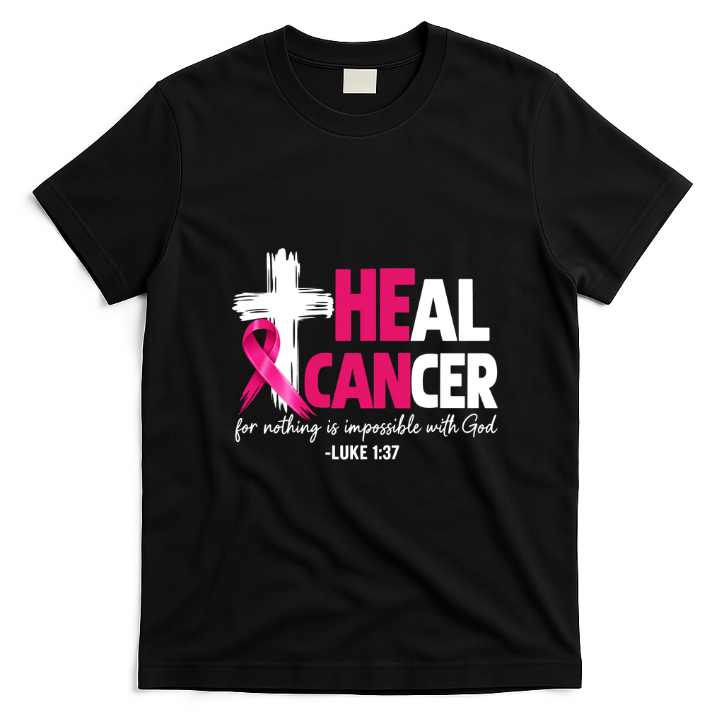 Heal Breast Cancer Awareness Christian Pink Ribbon T-Shirt - Black