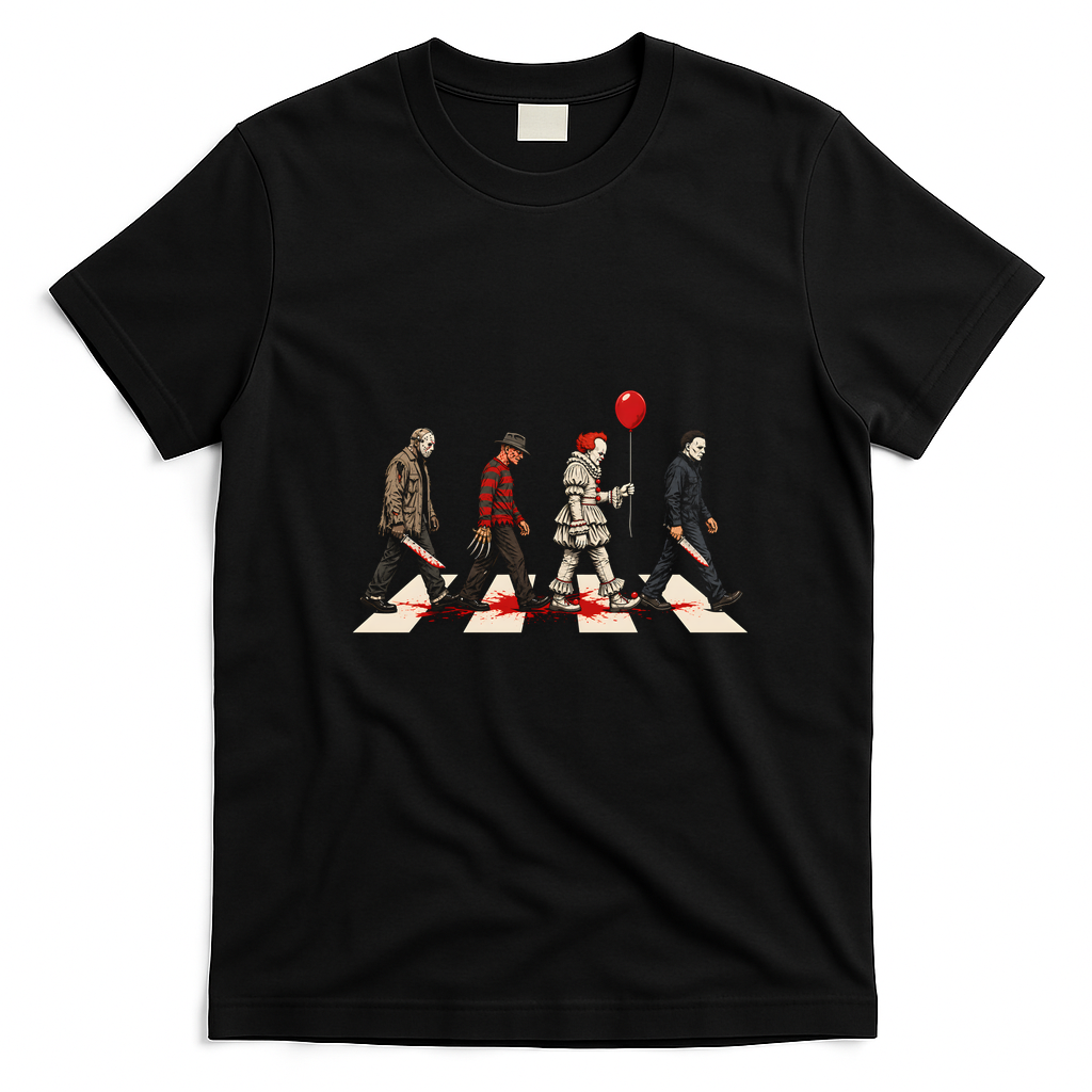 Horror Movie Monsters Crossing The Road T-Shirt - Black