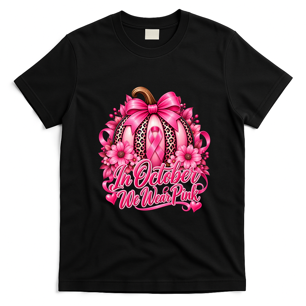 In October We Wear Pink Pumpkin Breast Cancer Halloween T-Shirt - Black