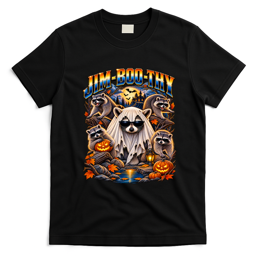 Jim-Boo-Thy Halloween Raccoons Funny Jimothy T-Shirt - Black