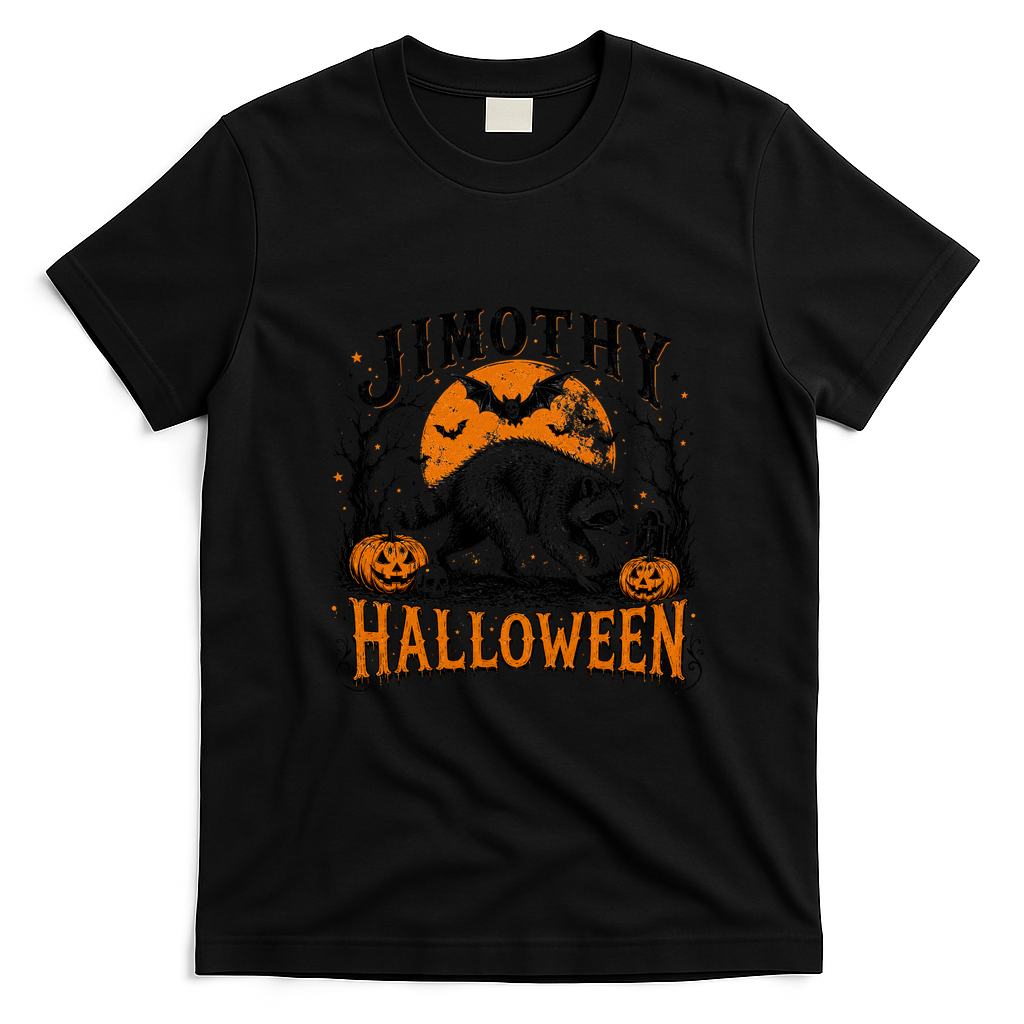 Jimothy Halloween Raccoon Moon Bats Pumpkin Scene T-Shirt - Black