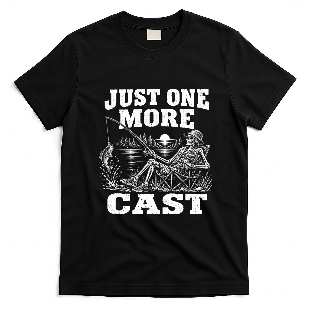 Just One More Cast Funny Skeleton Fishing T-Shirt - Black