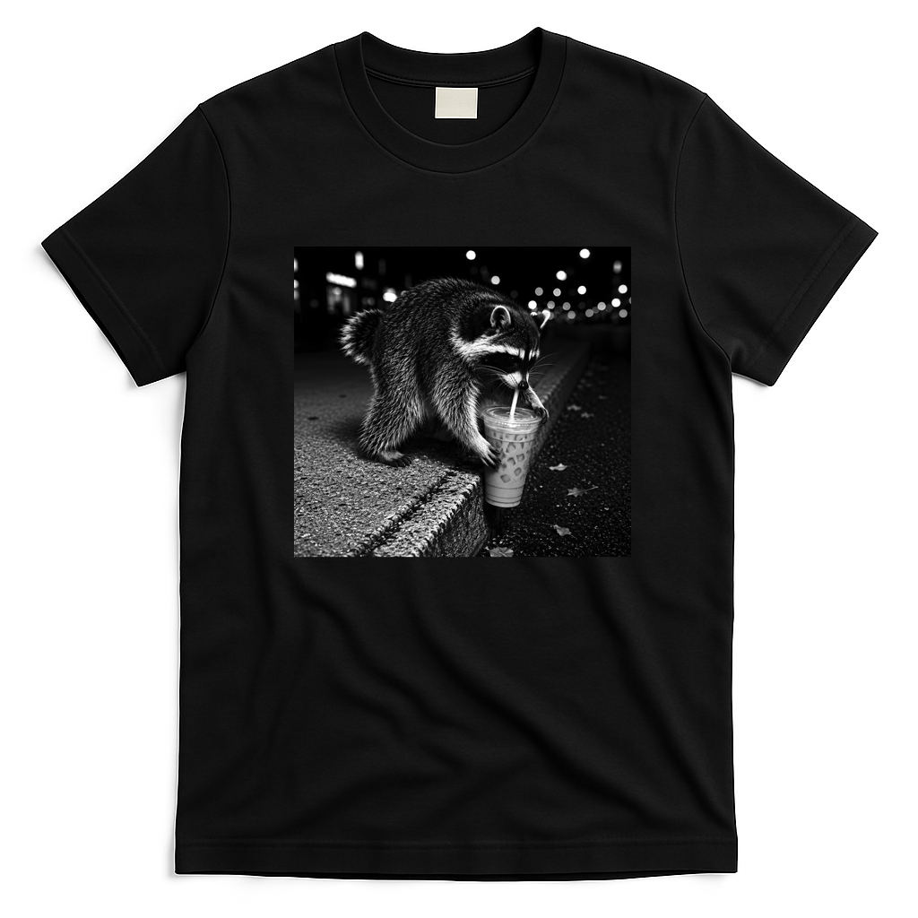 Jimothy Raccoon Drinking Ice Coffee Funny Animal Art T-Shirt - Black