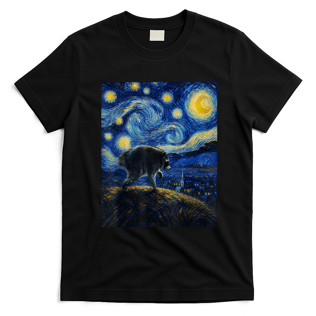 Jimothy Raccoon Under Starry Night Sky Artful Van Gogh T-Shirt - Black