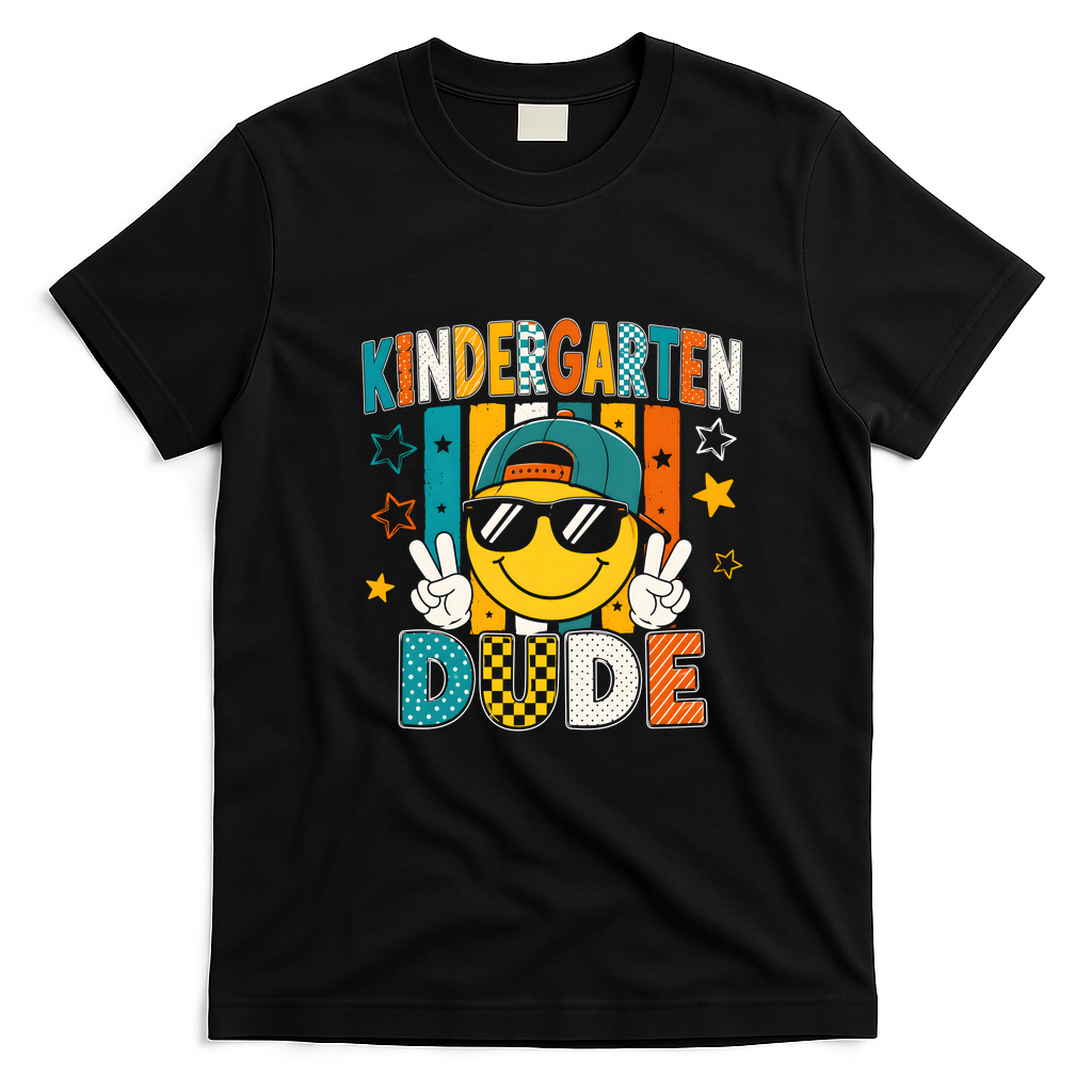 Kindergarten Dude Smiley Face Peace Sign Back To School T-Shirt - Black