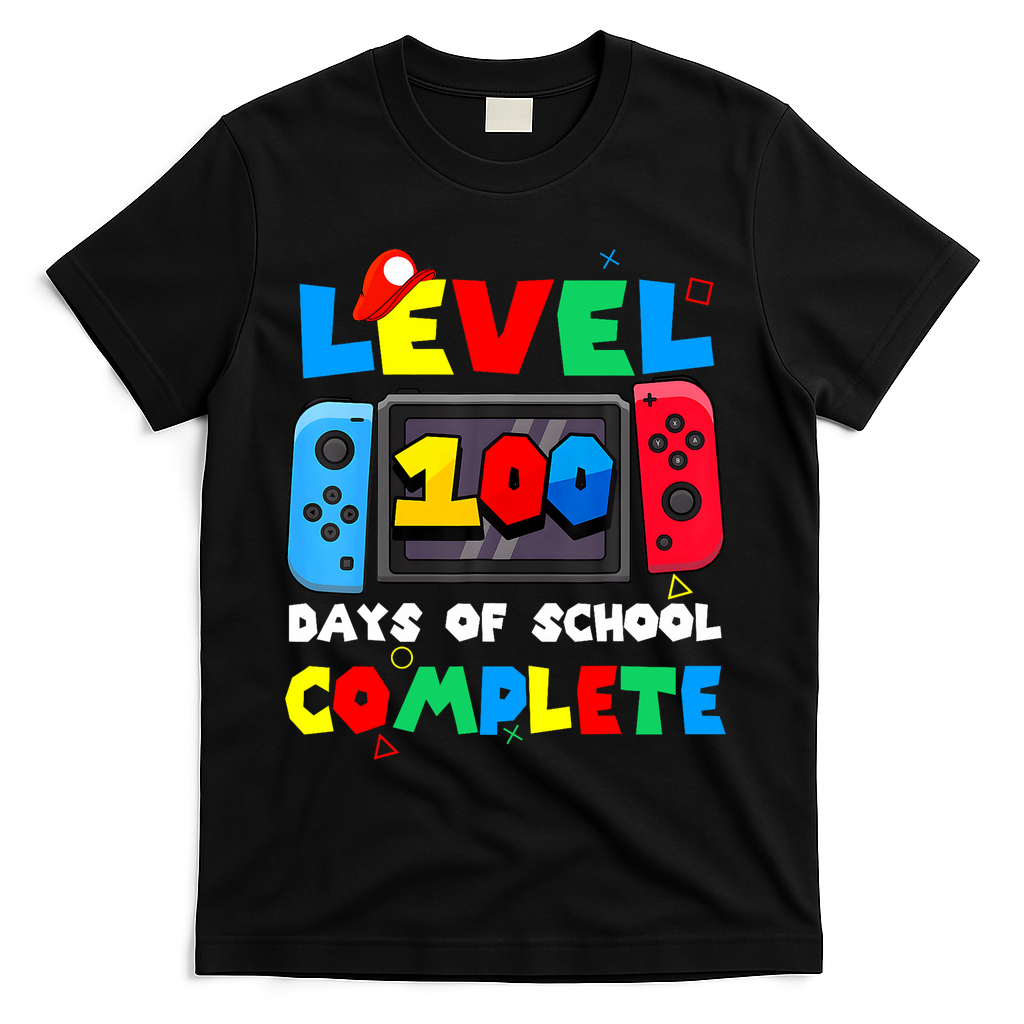 Level 100 Days Of School Complete Gamer Video Games T-Shirt - Black