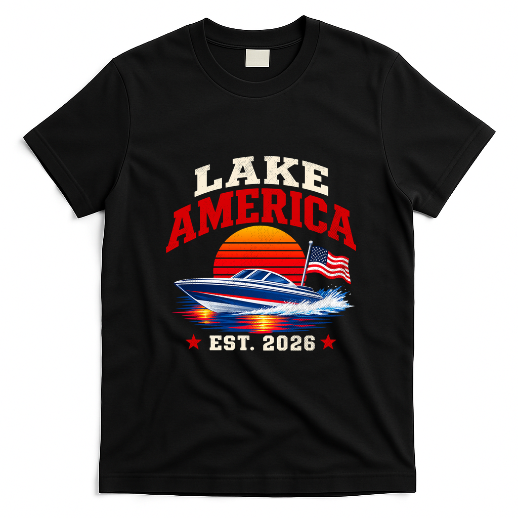 Lake America Est 2026 Vintage Boat Scene T-Shirt - Black