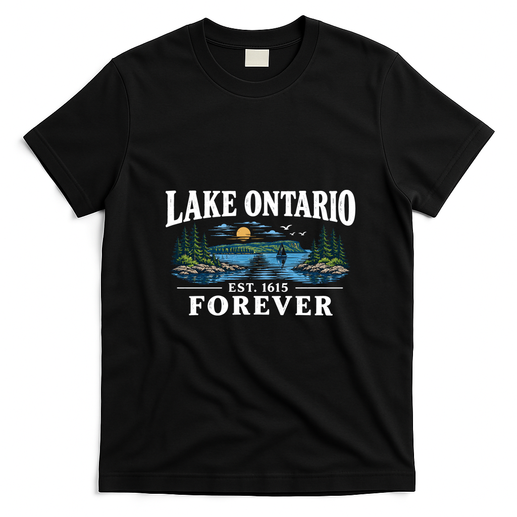 Lake Ontario EST 1615 Forever Vintage Nature Scene T-Shirt - Black