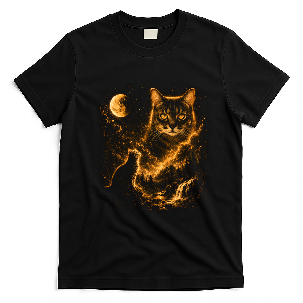 Majestic Cat In Cosmic Night Sky T-Shirt - Black
