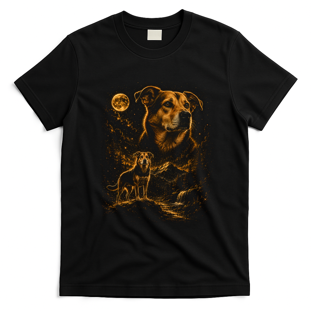 Majestic Dog In Moonlit Mountain Landscape T-Shirt - Black