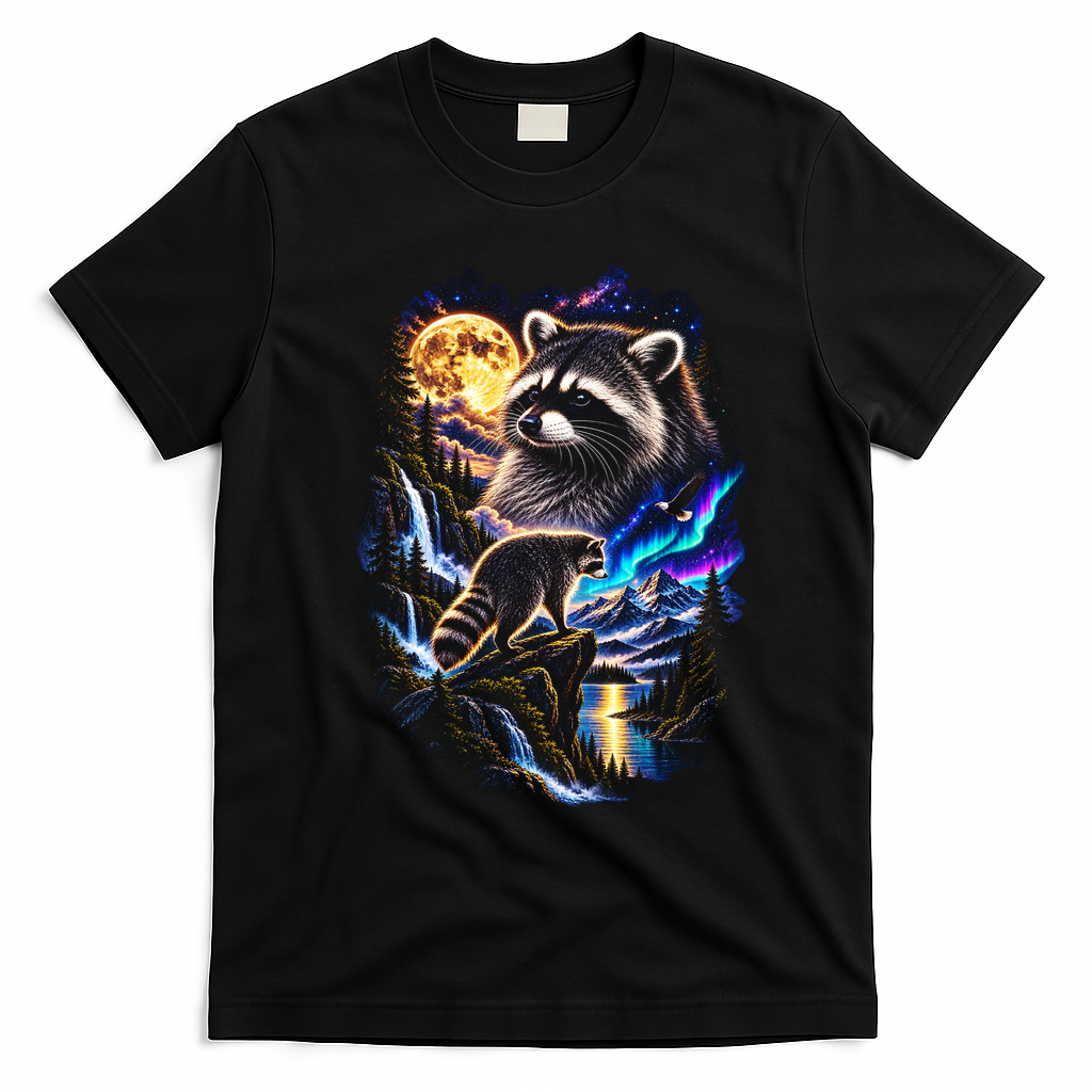 Majestic Jimothy Raccoon In Forest And Moonlight T-Shirt - Black